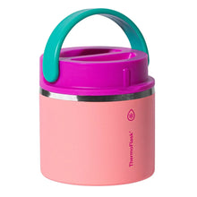 Insulated food jar, pink body with purple lid and teal carry handle