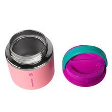 Insulated food jar set: pink jar with teal-and-magenta lid tops, steel rim