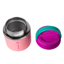 Two insulated food jars with stainless rim in pink and teal-green with magenta lid