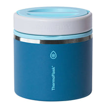 Insulated food jar, blue body with light blue flip lid and carry ring