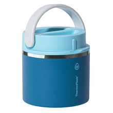 Insulated food jar, blue body with loop handle and light blue flip lid
