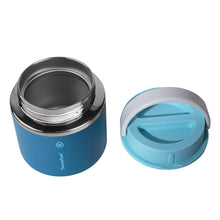 Insulated food jar set: blue body with dark lid, and lid opened view