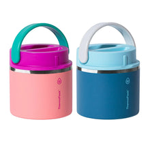 Insulated food jar 2-pack: pink and blue bodies with flip lids and loop handles