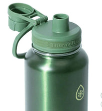ThermoFlask insulated stainless steel water bottle, green lid and carry handle close-up