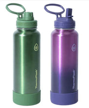 ThermoFlask insulated stainless steel water bottles, green and purple with carry loops