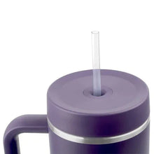 Purple tumbler lid with clear drinking straw and silver rim ring