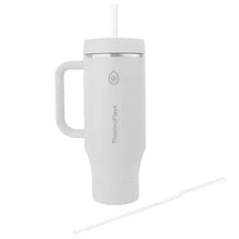 White insulated stainless tumbler with handle and straw lid