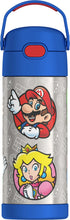 Stainless steel water bottle with straw, blue lid, Mario character print