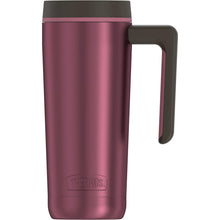 Thermos stainless steel mug in pink with black lid and side handle