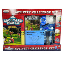 Backyard Field Day activity challenge kit box with included equipment bags and cards