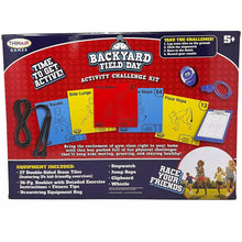 Backyard Field Day activity challenge kit back panel with included accessories and instructions
