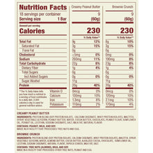 Nutrition Facts panel for high protein bar, creamy peanut butter and brownie crunch