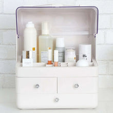White beauty case with clear top, compartments, and three shiny drawer pulls