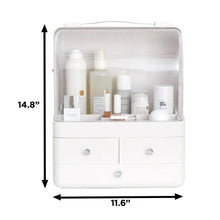 White beauty case with clear lid and drawer fronts; size guide labels shown
