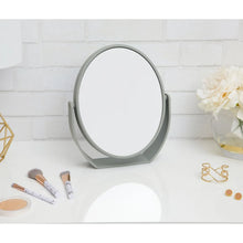Thinkspace Beauty soft-touch oval vanity mirror in gray stand