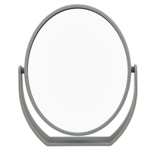 Thinkspace Beauty soft-touch oval vanity mirror with gray stand, front view