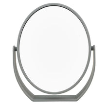 Soft-touch oval vanity mirror with gray stand and full oval frame