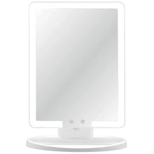 Lighted makeup mirror with square LED panel and round white base