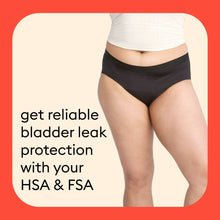 Black hi-waist incontinence underwear worn by model, smooth waistband and leg openings