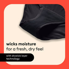 Black hi-waist incontinence underwear close-up of smooth fabric and leg opening