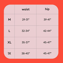 Size chart for hi-waist underwear: waist and hip ranges for M to 1X