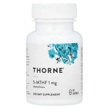 Thorne 5-MTHF 1 mg dietary supplement bottle, white cap and blue label