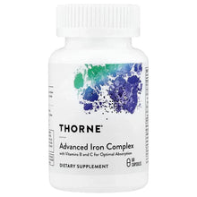 Thorne Advanced Iron Complex dietary supplement bottle with capsule count on front label