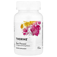Dietary supplement bottle with white cap, THORNE Basic Prenatal label