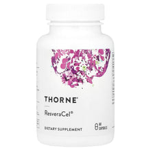 Thorne ResveraCel dietary supplement bottle with front label and 60 capsules text