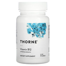 Thorne Vitamin B12 dietary supplement bottle with blue splash label, white cap