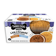 Three Dog Bakery Lick n Crunch sandwich cookie box with carob, peanut butter, vanilla flavors