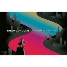 Paperback book cover with castle silhouettes, red-teal gradient, “Throne of Glass” title