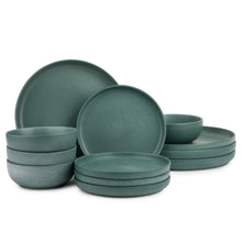 Caspian green ceramic dinnerware set with plates and bowls, matte finish
