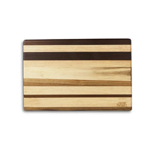 Multi-wood butcher block cutting board with dark and light striped wood surface