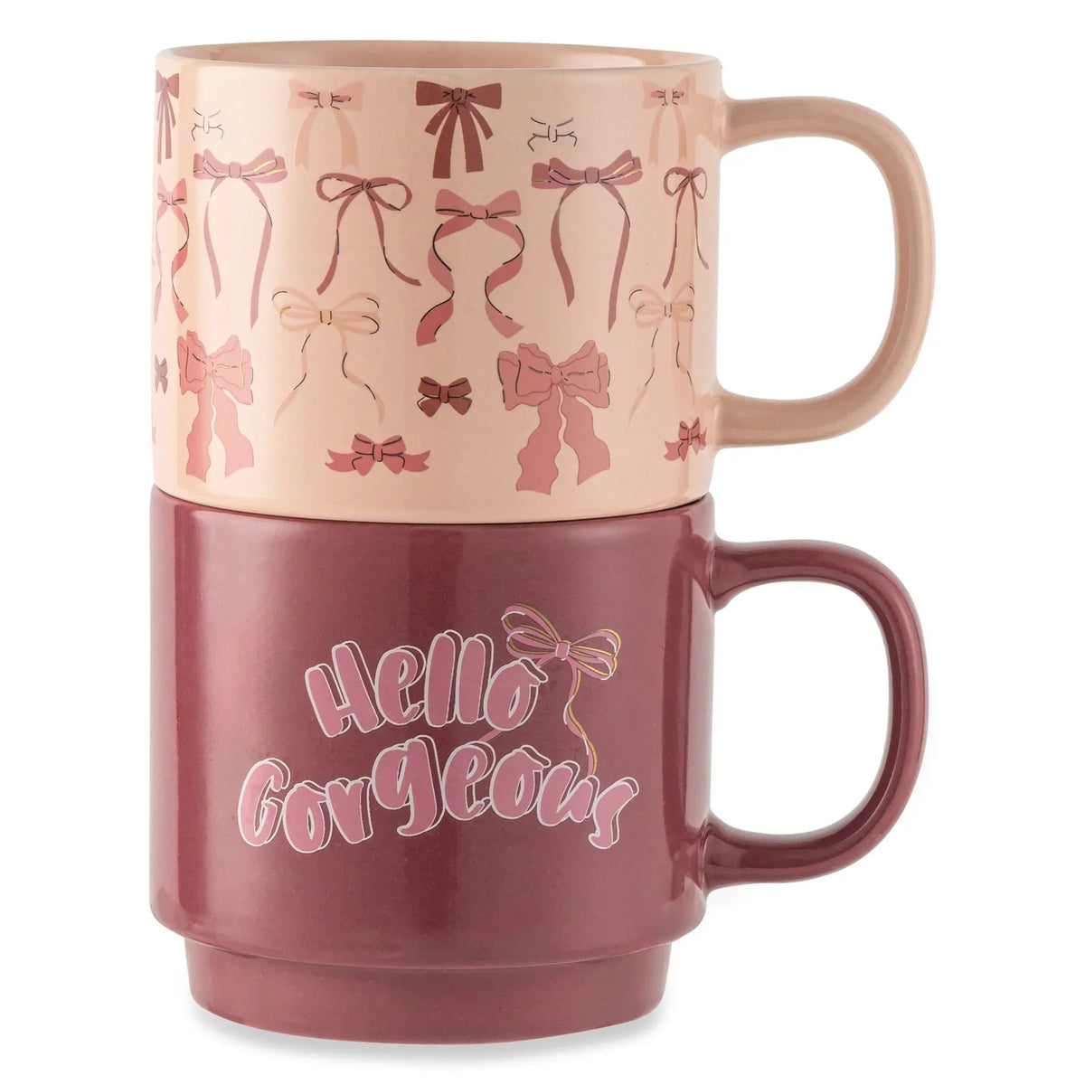 Thyme & Table 2 Pack Stacking Hello Gorgeous and Pink Bows Mugs 14.2 fl oz, Stoneware