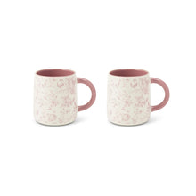 Pink floral stoneware mug set of 2, with pink interior and curved handles