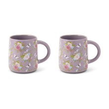 Purple floral stoneware mug set of 2 with curved side handles