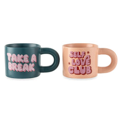 Thyme & Table 2 Pack Take a Break Green and Self Love Pink Mugs 11.08 fl oz, Stoneware