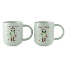2-pack light green ceramic mugs with baby frog in boots and “That’s Showbiz Baby” text