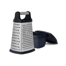 Stainless steel box grater with dark blue handle and detachable container