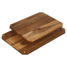 Two-piece acacia cutting board set with stacked rectangular boards and handholds