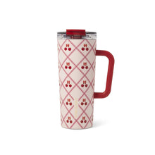 Stainless steel tumbler with red handle and clear dual straw lid, lace cherry lattice pattern