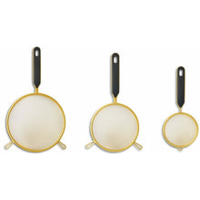 3-piece fine mesh strainer set, round gold mesh screens with dark handles