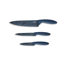 3-piece stainless steel knife set with blue swirl blades and blue handles