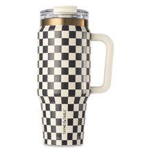 Cream-and-black check Luna stainless steel tumbler with handle and dual straw lid
