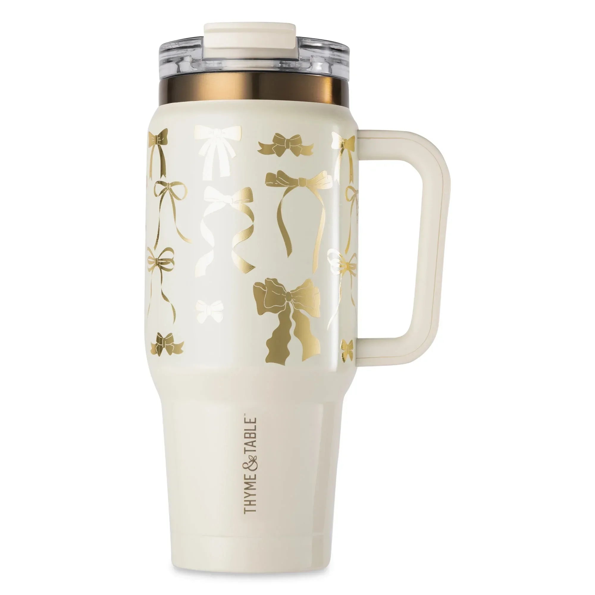 Thyme & Table 32 fl oz Stainless Steel Luna Tumbler with Handle and Dual Straw Lid, Cream & Black Check