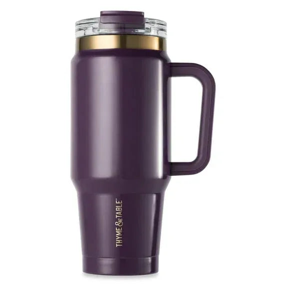 Thyme & Table 32 fl oz Stainless Steel Luna Tumbler with Handle and Dual Straw Lid, Cream & Black Check