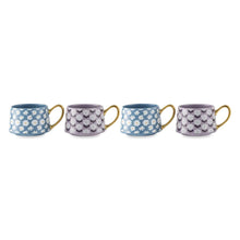 Stoneware teacup mugs set of 4 with blue daisy and purple patterned sides, gold handles