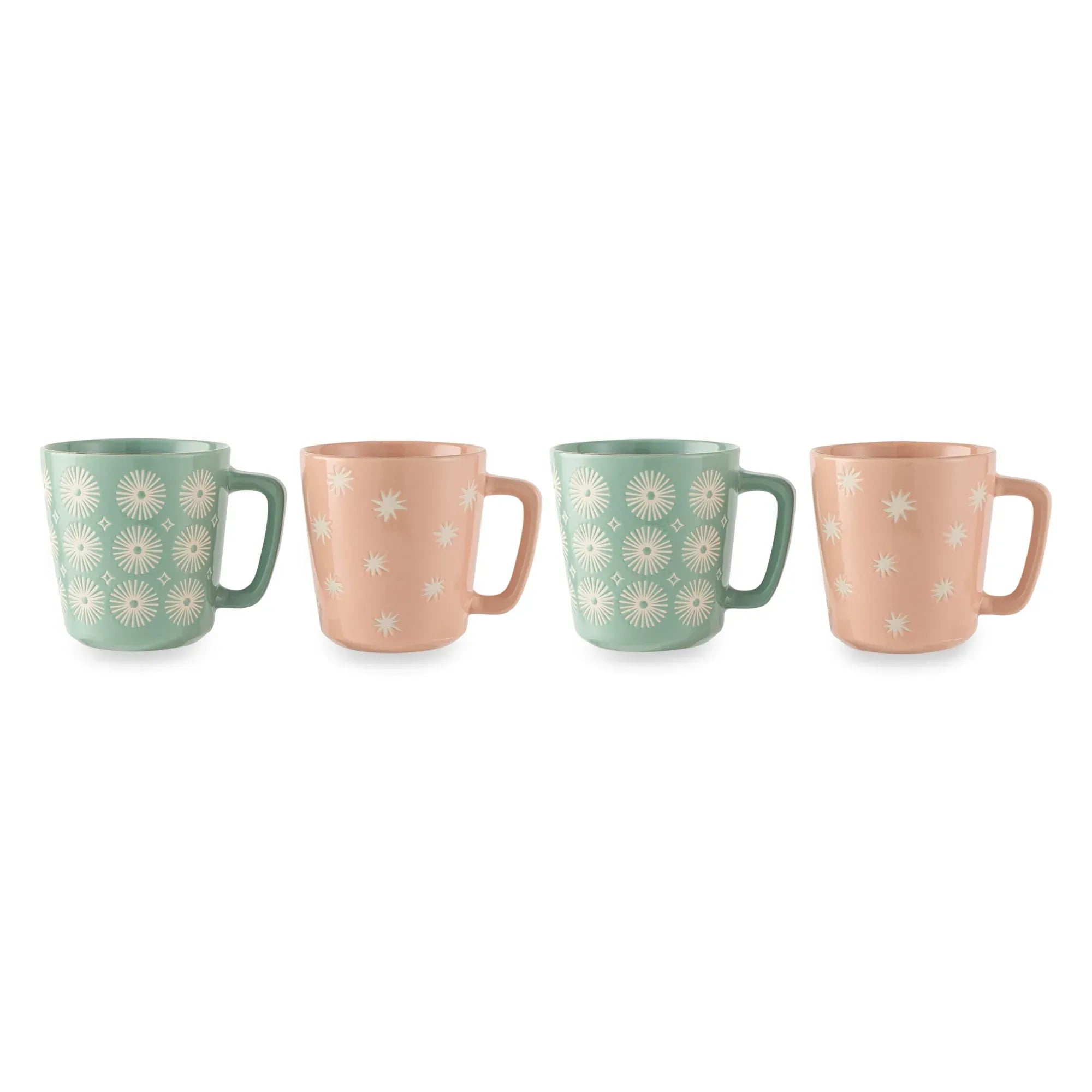 Thyme & Table 4 Pack Green SunBurts and Pink Toss Stars Mugs with Gold Rims 19.9 fl oz, Stoneware