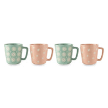 4-pack stoneware mugs, mint green and blush pink with starburst pattern and side handles
